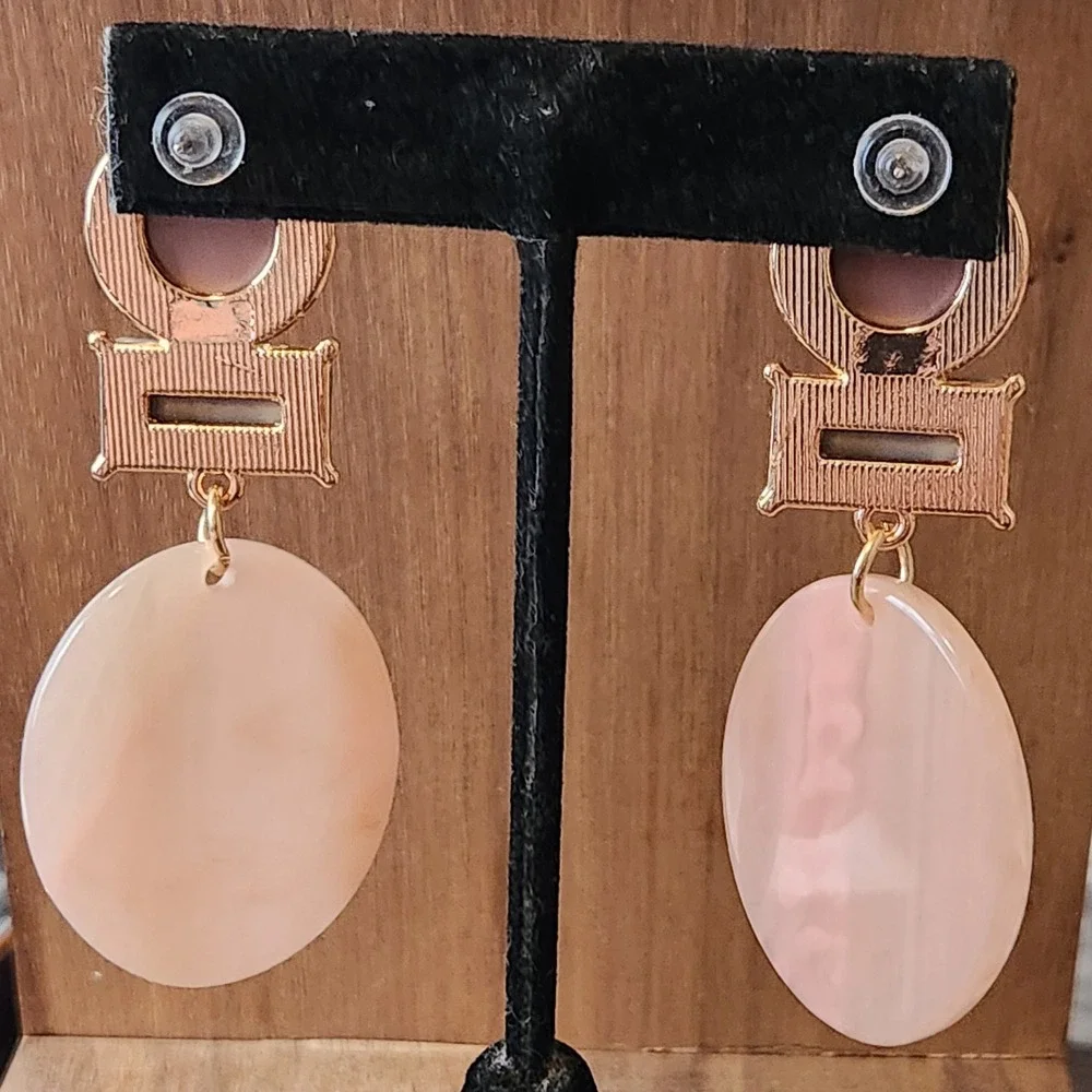 Pink Grey Marbled Resin Geometric Drop Earrings Gold Tone Statement 2.5